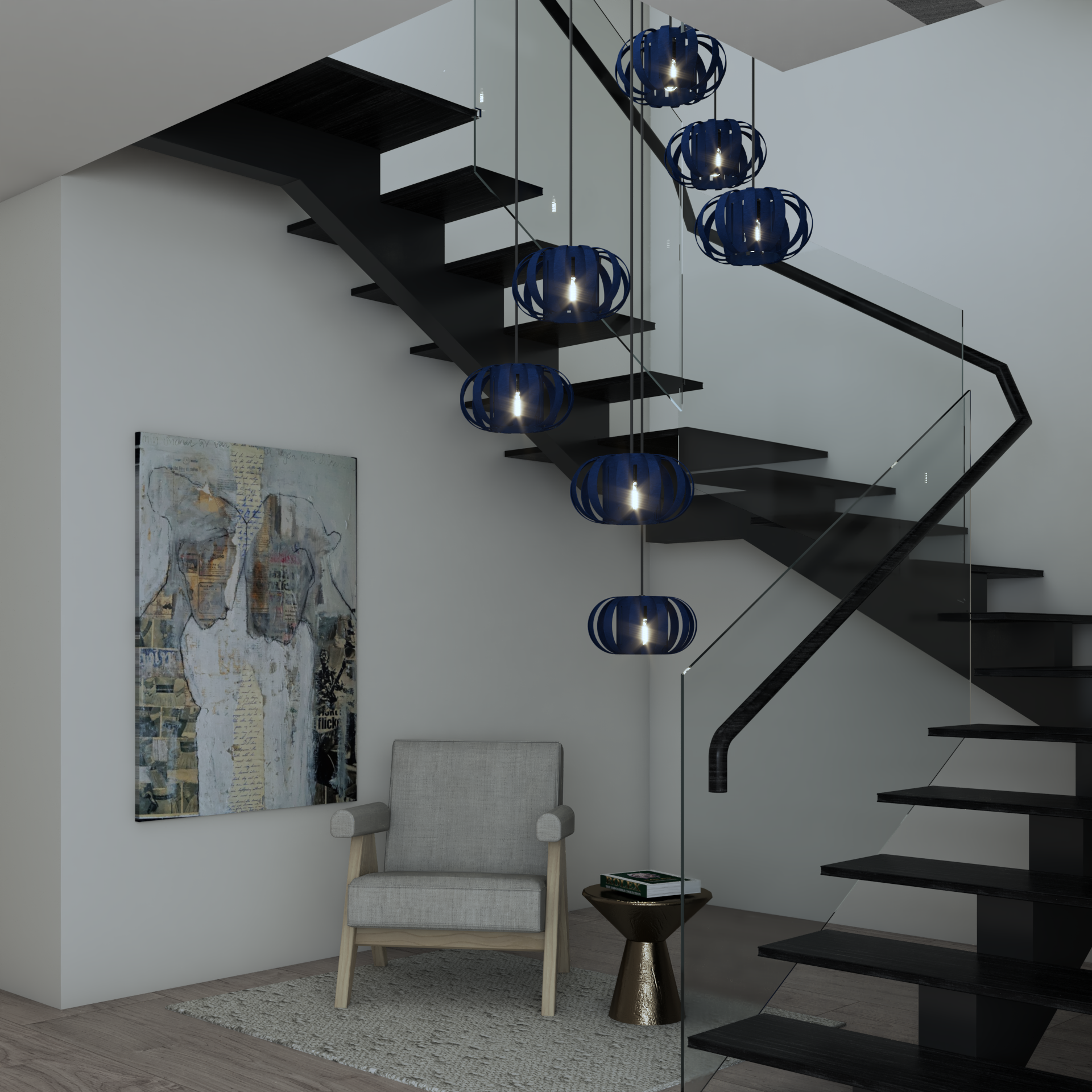 4075-STAIRS PENDANT LAMP BLUE FABRIC & BLACK STAIRS (SCENE 01)