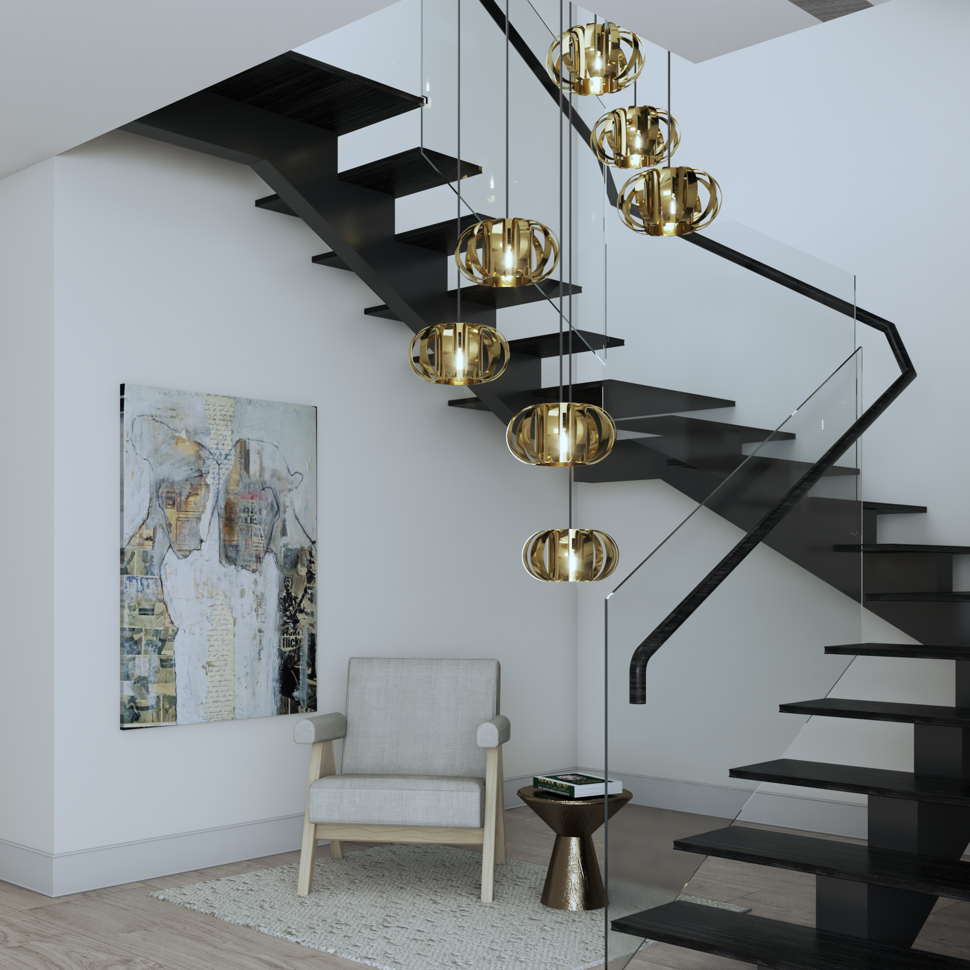 4075-STAIRS PENDANT LAMP BRASS & BLACK STAIRS (SCENE 01) (1)