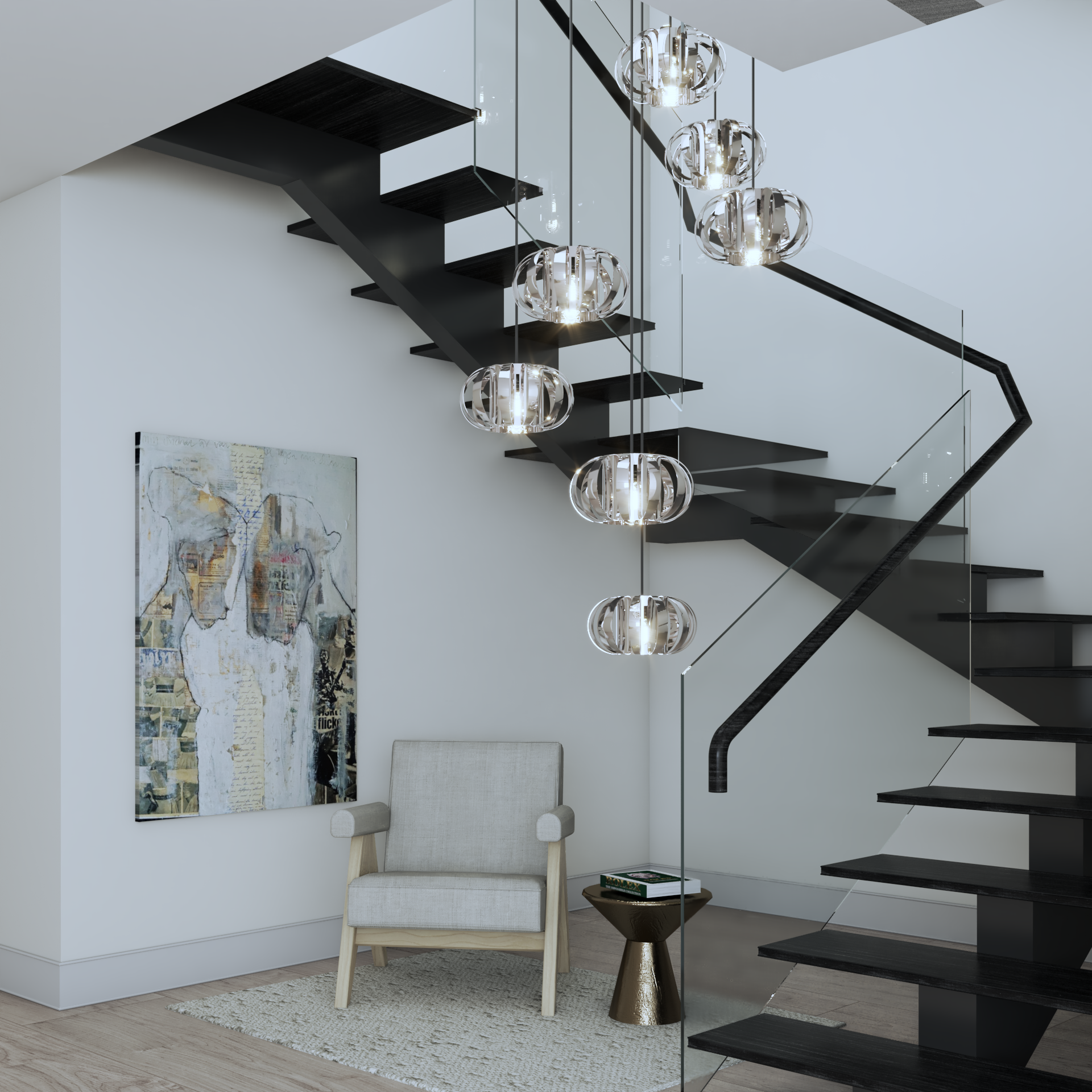 4075-STAIRS PENDANT LAMP STAINLESS STEEL & BLACK STAIRS (SCENE 01)